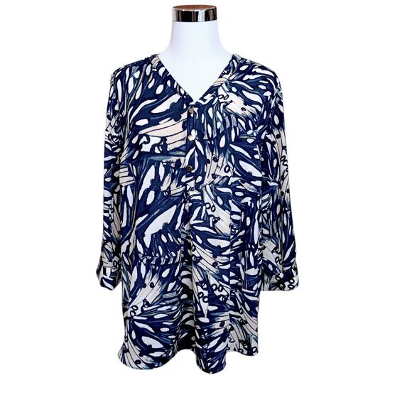 JM COLLECTION Blouse Top Petite XL 3/4 Sleeves Career Office Flowy V-Neck Blue - Picture 8 of 9